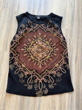 Black Tank Top with Rust and Gold Medallion Print